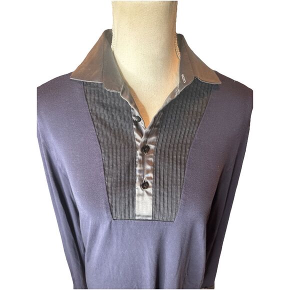 DOLCE & GABBANA BIB Silk BLOUSE Black Blue Collared Pleated Top Italy D&G Shirt - Picture 1 of 6